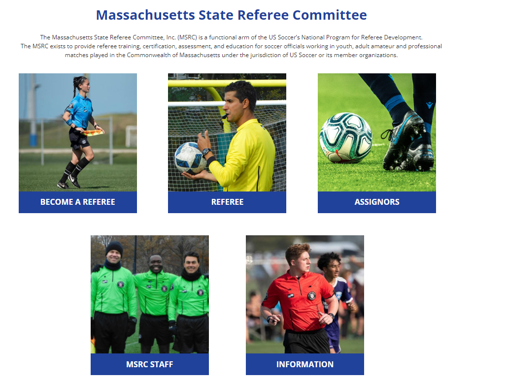 Screen shot of mass soccer referee committee website